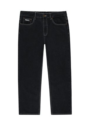 Czarne dżinsy typu denim z prostymi nogawkami, z białymi przeszyciami, zapięciem na guzik i przednimi kieszeniami, oznaczone metką na pasku.