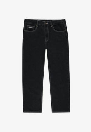 Czarne dżinsy typu denim z prostymi nogawkami, z białymi przeszyciami, zapięciem na guzik i przednimi kieszeniami, oznaczone metką na pasku.