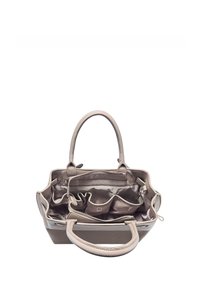 Sac à main en cuir gris avec deux poignées, présentant une fermeture éclair et plusieurs poches intérieures, texture lisse et forme structurée.