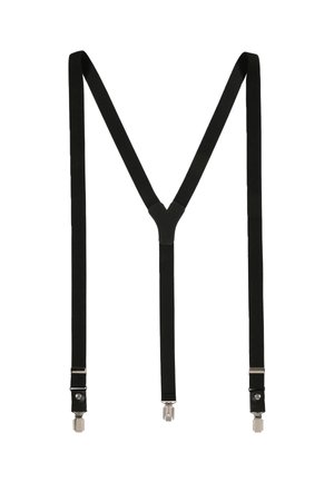 Schwarze elastische Hosenträger mit Y-förmigem Rücken-Design, ausgestattet mit silbernen Beschlägen und Clip-Befestigungen, strukturierter Stoff und starker Elastizität.