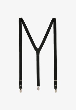 Black elastic suspenders with a Y-shaped back design, featuring silver hardware and clip attachments, textured fabric, and strong elasticity.