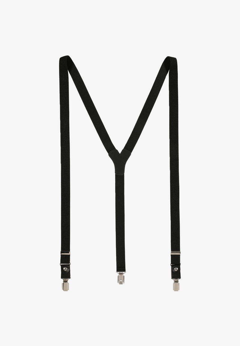 Black elastic suspenders with a Y-shaped back design, featuring silver hardware and clip attachments, textured fabric, and strong elasticity.