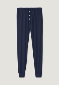 Marineblaue Hose aus weichem Stoff mit elastischem Bund und einem Knopfverschluss mit drei Knöpfen. Umschlagmäntel an den Knöcheln.