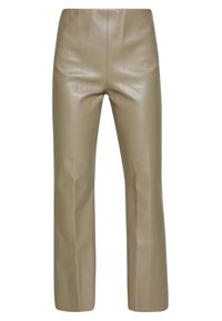 Beige raka faux läderbyxor med hög midja och en slät, blank yta, visade mot en vit bakgrund.