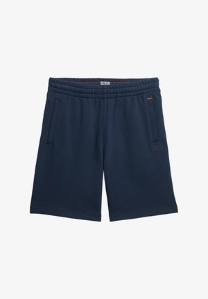 Pantalones cortos de algodón azul marino con cintura elástica, dos bolsillos laterales y un pequeño detalle de logo. Corte estándar, diseño hasta la rodilla.