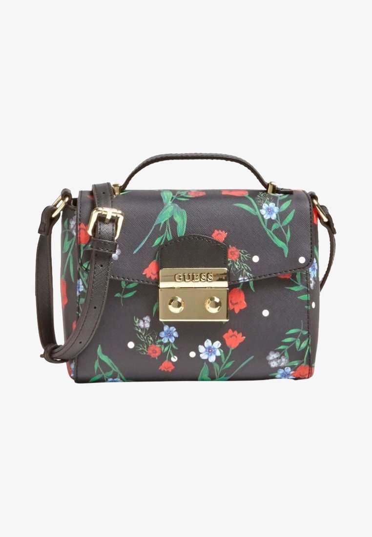 Květnatá crossbody taška s černým syntetickým materiálem, zlatými kovovými prvky, horním madlem a odnímatelným popruhem; zdobena červenými a modrými květinami a bílými puntíky.