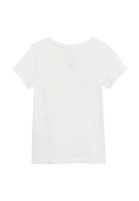 Witte katoenen t-shirt, korte mouwen, ronde halslijn, met een subtiele print op de bovenrug. Soepele textuur, klassieke pasvorm.