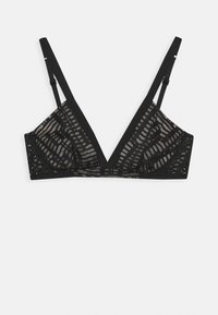 Bralette de encaje negro con copas en triángulo, tirantes ajustables y un patrón geométrico. Presenta un acento de encaje texturizado en la base.