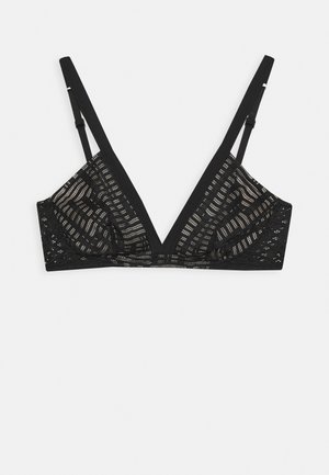 Bralette de rendas pretas com copas triangulares, alças ajustáveis e um padrão geométrico. Apresenta um detalhe de renda texturizada na base.