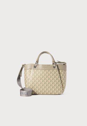 Beež käekott, millel on korduv logode muster, hallid aktsendid, topeltkäepidemed ja eemaldatav rihm, millel on kiri "ARMANI EXCHANGE". Sile tekstuur.