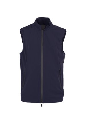 Gilet senza maniche blu navy con collo alto, cerniera frontale e tasche laterali con cerniera, esposto su sfondo bianco.