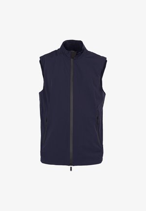 Gilet senza maniche blu navy con collo alto, cerniera frontale e tasche laterali con cerniera, esposto su sfondo bianco.
