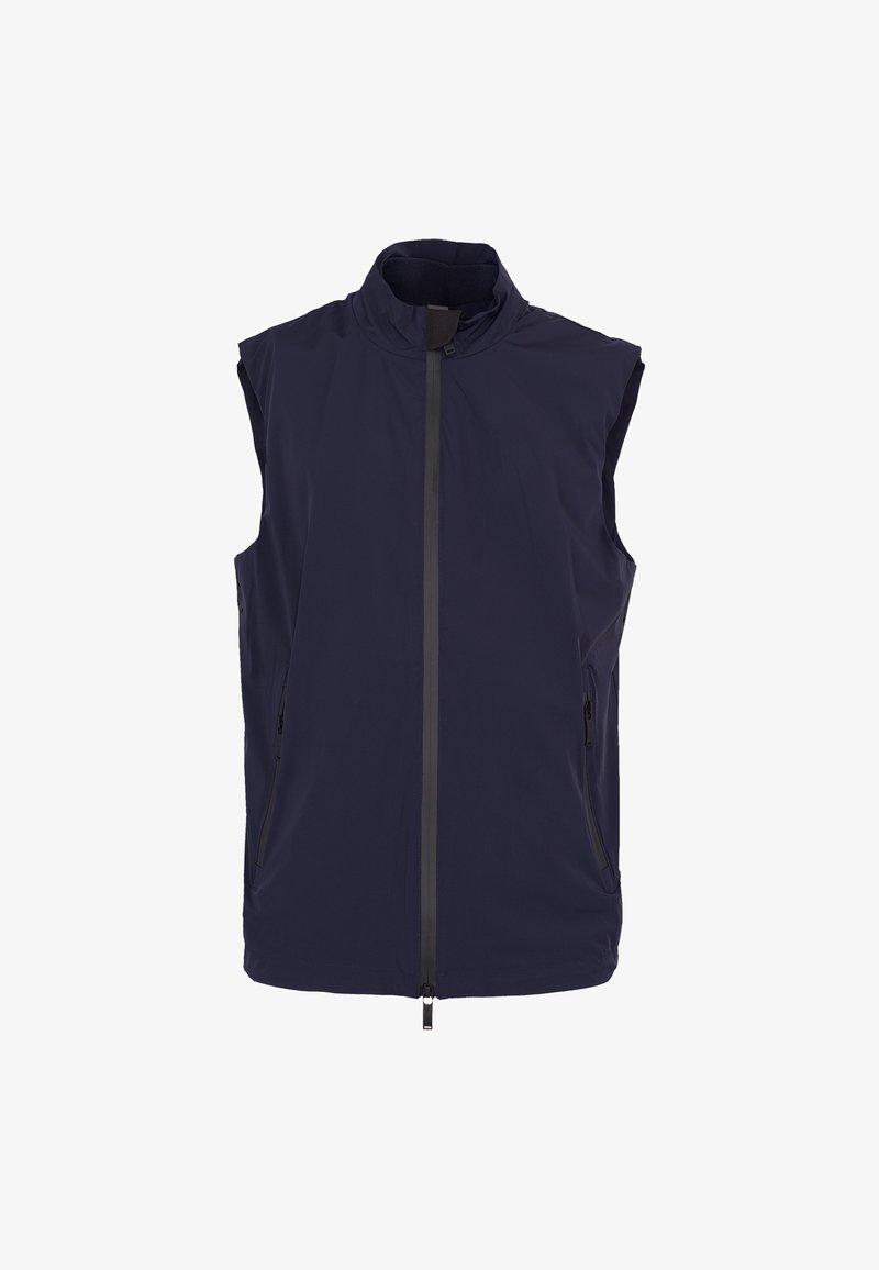 Gilet sans manches bleu marine avec col haut, fermeture éclair à l'avant et poches latérales zippées, présenté sur fond blanc.