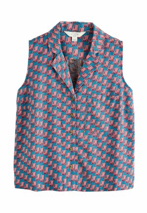 Cămașă albastră fără mâneci, cu nasturi, având un model repetitiv cu scaune de plajă cu dungi roșii și albe, confecționată din in, cu guler.