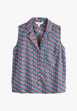 Ujjatlan kék, gombos ing, melyen ismétlődő mintaként piros-fehér csíkos strand székek vannak, lenvászonból készült, gallérral.