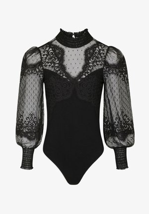 Bodysuit negro con un alto cuello rizado, mangas abullonadas translúcidas con detalles de encaje y un fondo ajustado. Adornado con lunares y patrones florales.
