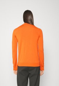 Pomarańczowy dziany sweter z długimi rękawami i prążkowanym obszyciem na dole, o prostym designie bez zdobień czy wzorów.