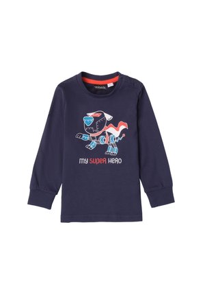Marineblaue Langarmshirt mit einem verspielten Roboterhund-Grafik, der einen roten Umhang und blaue Akzente trägt. Der Text lautet "MEIN SUPERHELD" in Weiß und Rot.