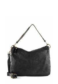 Sac à épaule en cuir noir avec une forme hobo, finition texturée, accents en métal doré, et un design à double sangle avec un motif tressé.