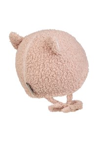 Round pink plush toy with a textured, fuzzy surface, small ears, and short, looped legs. Features a stitched seam and tag.