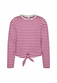 Maglietta a maniche lunghe con righe orizzontali rosa e bianche, caratterizzata da un dettaglio a nodo all'orlo e un collo a giro. Realizzata in morbido cotone.