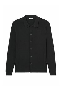Cardigan negru din tricot cu nervuri, cu guler, închidere cu șapte nasturi și buzunare laterale. Are mâneci lungi și un finisaj texturat.