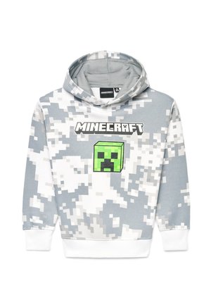 Felpa con cappuccio con motivo mimetico pixelato grigio e bianco, scritta del logo Minecraft e grafica della faccia verde del Creeper sul davanti.