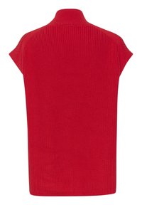 Rood gebreid kledingstuk met een hoge kraag en korte mouwen, met een geribbelde textuur en een ontspannen pasvorm.