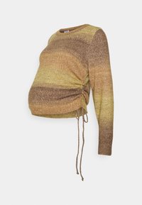 Sweater de maternidade em várias tonalidades de amarelo e castanho. Apresenta um decote redondo, mangas longas e franzidos laterais ajustáveis com laços.