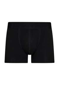 Schwarze Baumwoll-Boxershorts mit einem weichen, elastischen Bund, der ein dezentes, geprägtes Logo aufweist. Glatte Textur, mittellange Schnittform und ohne sichtbare Muster.
