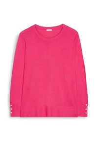 Maglione rosa brillante a maniche lunghe con scollatura rotonda e tre piccoli bottoni bianchi su ciascun polsino.