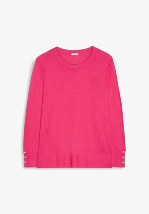 Suéter de manga larga rosa brillante con cuello redondo y tres pequeños botones blancos en cada puño.