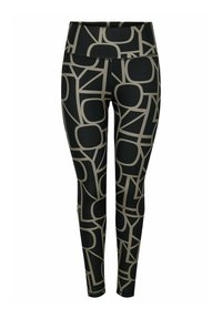 Zwarte legging met een geometrisch patroon in lichtbeige. Het ontwerp bevat verschillende vormen die zijn omrand met contrasterende kleuren.