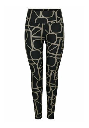 Schwarze Leggings mit einem geometrischen Muster in Hellbeige. Das Design umfasst verschiedene Formen, die in kontrastierenden Farben umrandet sind.