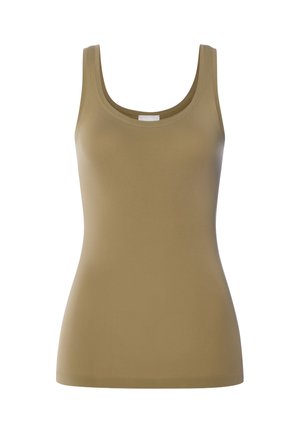 Ærmeløs dametop i ensfarvet beige med rund halsudskæring og tætsiddende design.