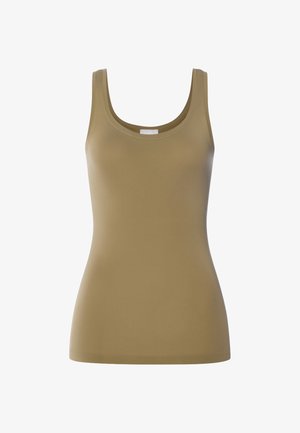Ærmeløs dametop i ensfarvet beige med rund halsudskæring og tætsiddende design.