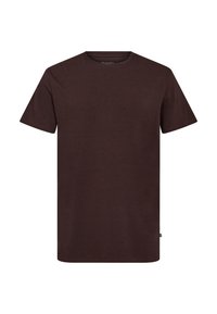 Brun t-shirt med korte ærmer lavet af blødt stof, med en klassisk rund halsudskæring og et enkelt design uden mønstre eller hardware-detaljer.