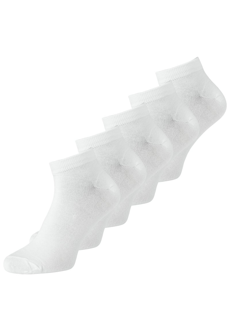 Weiße Baumwollknöchelsocken mit geripptem Bündchen, glatter Textur und nahtlosem Zehenbereich. Fünferpack, alle zusammen präsentiert.