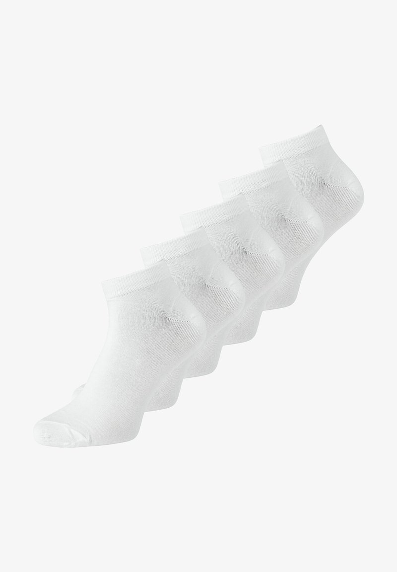 White cotton ankle socks, featuring a ribbed cuff, smooth texture, and seamless toe design. Pack of five, all displayed together.