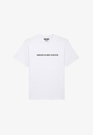 White cotton t-shirt with short sleeves, featuring the black text "AMOUR GLOIRE & BOTOX" centered on the front. Simple design, crew neck.