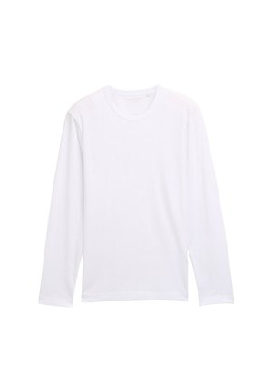 White long-sleeve T-shirt with a round neckline, soft cotton material, and a simple, unadorned design. No visible logos or patterns.