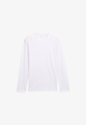 Weißes Langarm-T-Shirt mit rundem Halsausschnitt, aus weichem Baumwollmaterial und einem schlichten, ungeschmückten Design. Keine sichtbaren Logos oder Muster.