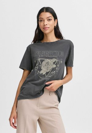 Dark gray T-shirt with short sleeves, featuring a graphic design of a rose and text. The fabric appears soft and slightly textured.