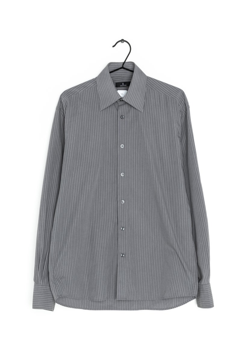 Long-sleeve, button-up shirt in gray with thin vertical stripes. Features a classic collar and five buttons down the front.