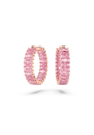 Rose gold hoop earrings feature a vertical arrangement of rectangular pink gemstones, secured with a snap closure.
