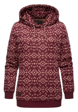 Un sweat à capuche bordeaux avec un motif géométrique en rose clair. Il possède une capuche avec cordon de serrage, des poignets côtelés et une patte de logo en bas.