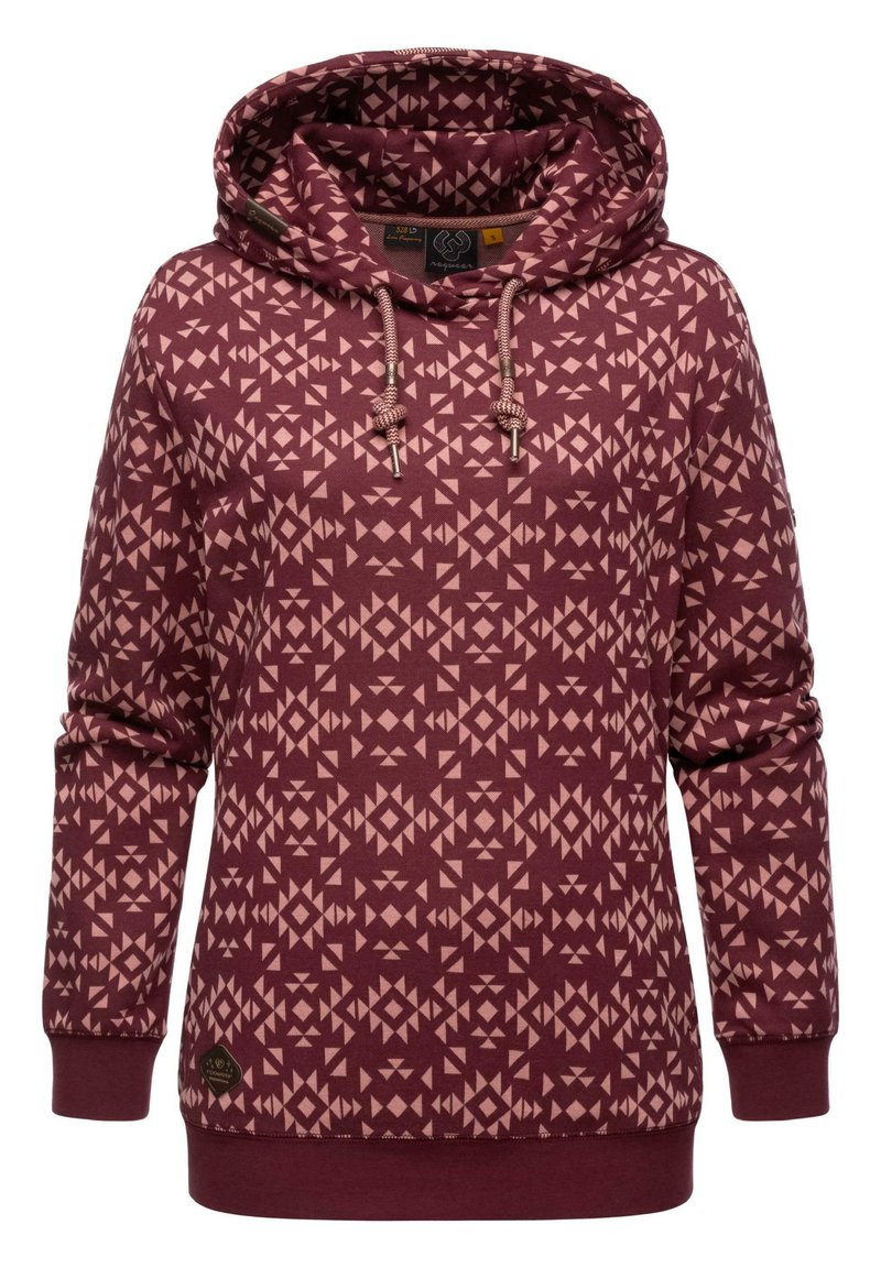 Felpa bordeaux con cappuccio, caratterizzata da un motivo geometrico in rosa chiaro. Presenta un cappuccio con coulisse, polsini a costine e una patch con logo sull'orlo.