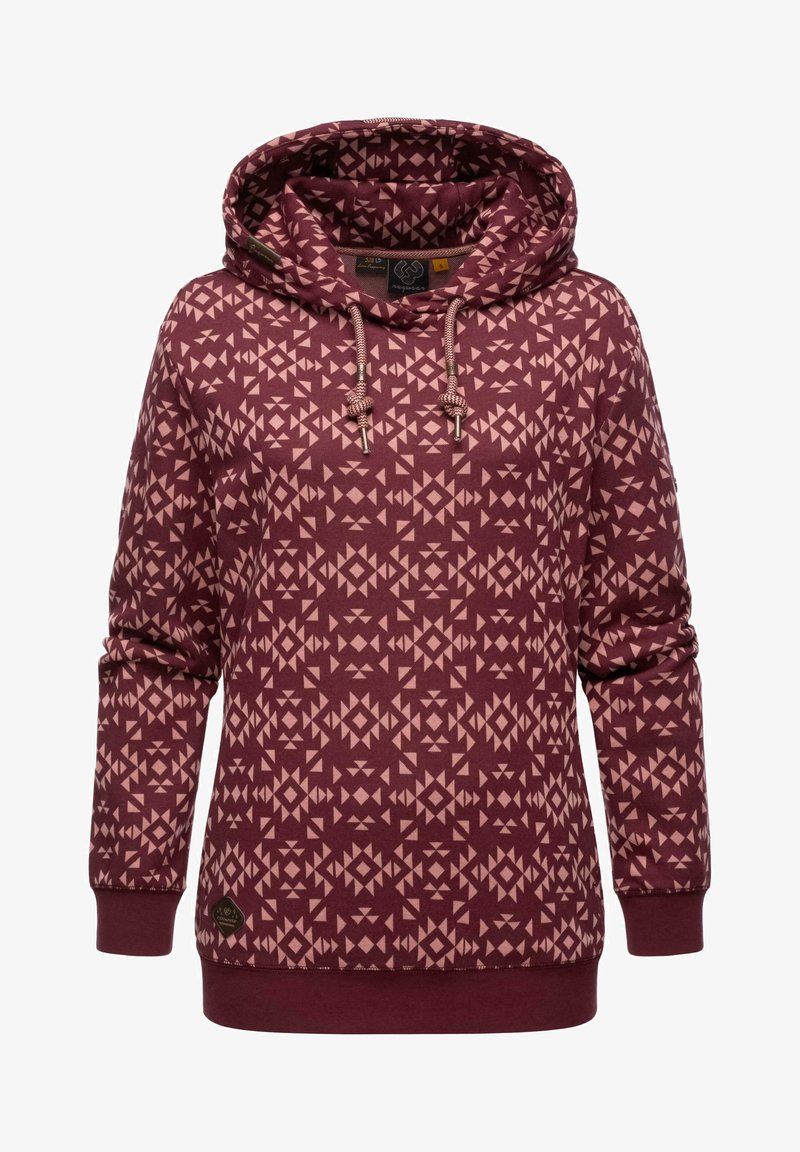 Bordo spalvos džemperis su geometriniu raštu šviesiai rožinės spalvos. Jame yra reguliuojama kapučiaus virvutė, smulkiai raukšlėtos rankogaliai ir logotipas siuvinėtas ant apačios.