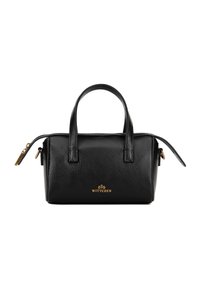 Sac à main en cuir noir avec une finition texturée, double poignée supérieure, fermeture éclair et détails en logo doré à l'avant. Forme rectangulaire compacte.