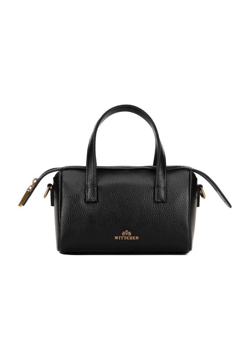 Sac à main en cuir noir avec une finition texturée, double poignée supérieure, fermeture éclair et détails en logo doré à l'avant. Forme rectangulaire compacte.